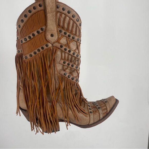 CORRAL WOMENS 8.5 LEOPARD STUD FRINGE WESTERN BOOTS SNIP TOE 8 1/2 Cowgirl Rodeo - Picture 1 of 12
